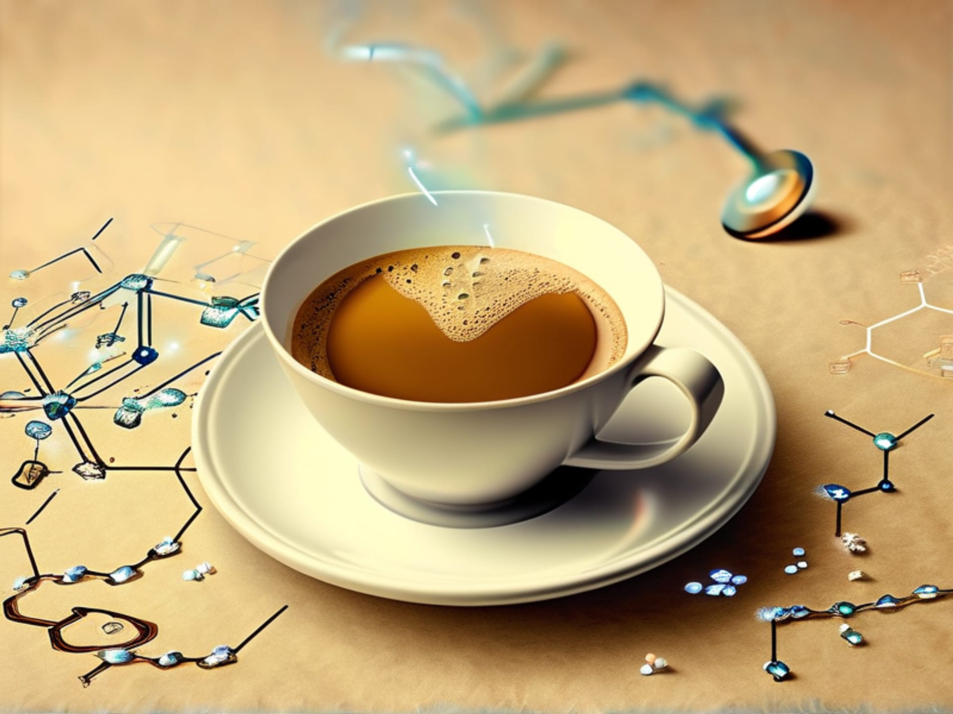 Highly detailed, illustrative diagram on a textured paper background. It shows calcium and magnesium ions as stylized crystal shapes interacting with a stylized coffee molecule. Soft, educational lighting --ar 4:3 --style raw --v 5.2