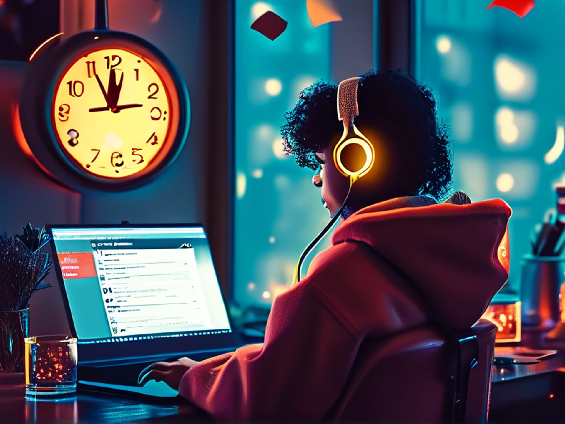 Midjourney Prompt: [A person in a cozy home office, wearing headphones, intensely focused on a glowing laptop screen. A large, stylized clock with the time '2:00 - 3:30 PM - Deep Work' hovers beside them. A faint, glowing shield surrounds them, deflecting floating distractions like social media icons and 'URGENT' emails. Cinematic lighting, grainy film aesthetic --ar 16:9 --v 6.0]