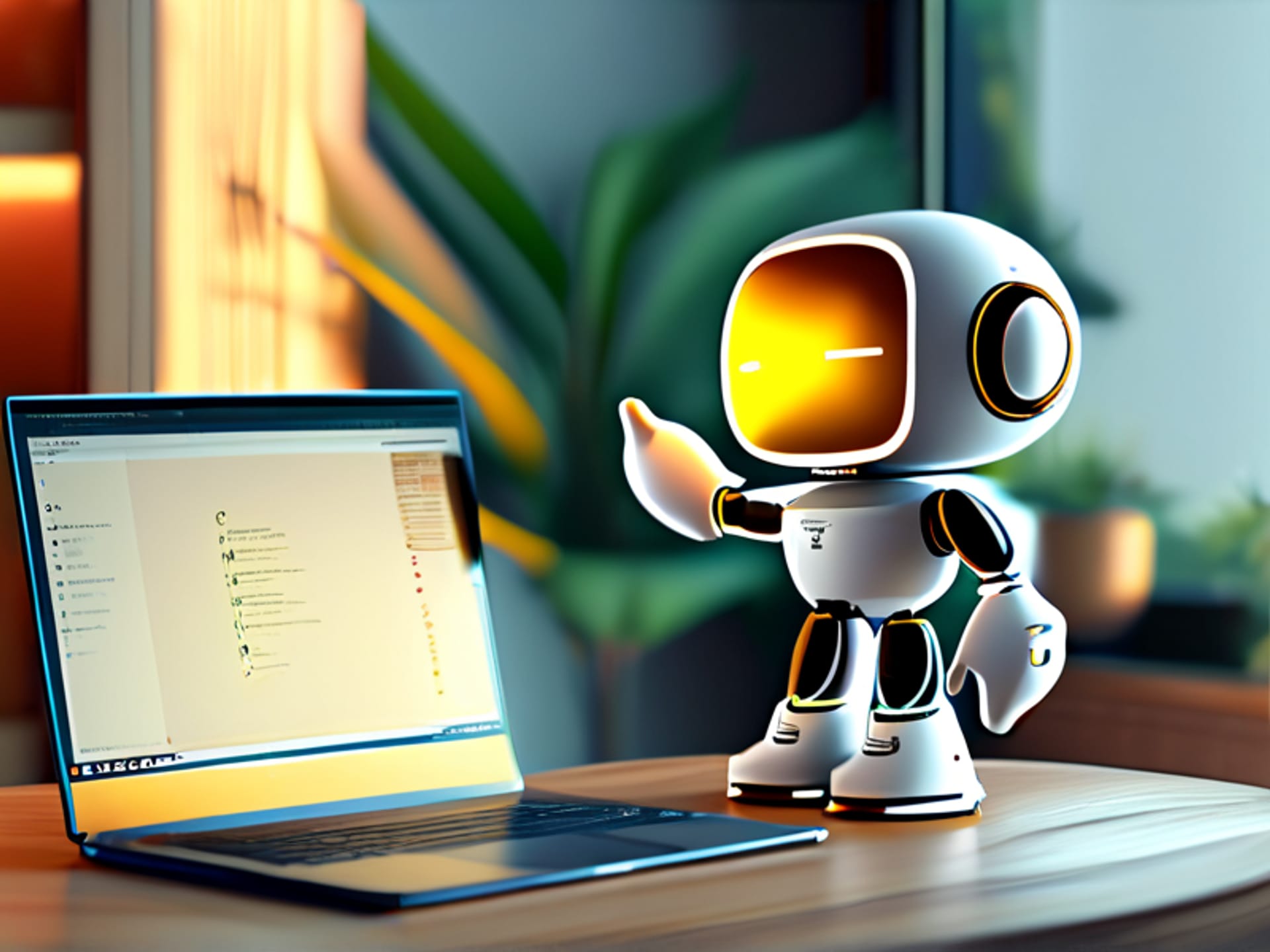 Midjourney Prompt: A friendly-looking robot and a cheerful digital 'if-then' symbol (like a flow chart symbol) giving each other a high-five, on a clean desk with a laptop. 3D cartoon render, soft shadows, friendly and approachable aesthetic. --v 6.0
