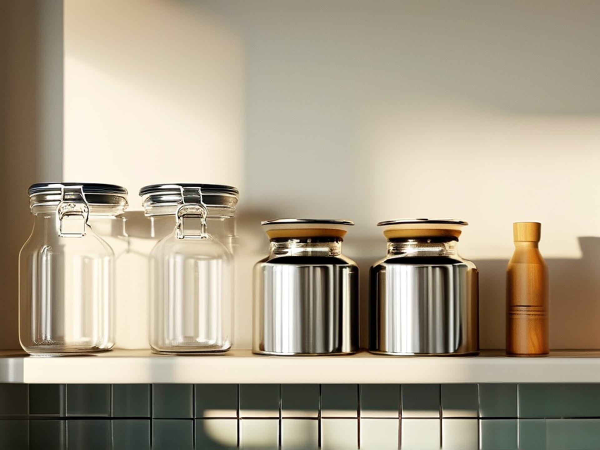 A clean, minimalist lineup of three storage containers on a kitchen shelf: a glass jar with a clamp lid, a stainless steel canister with a one-way valve, and a colored ceramic crock. Morning light streams through a window nearby, highlighting the textures. --ar 16:9