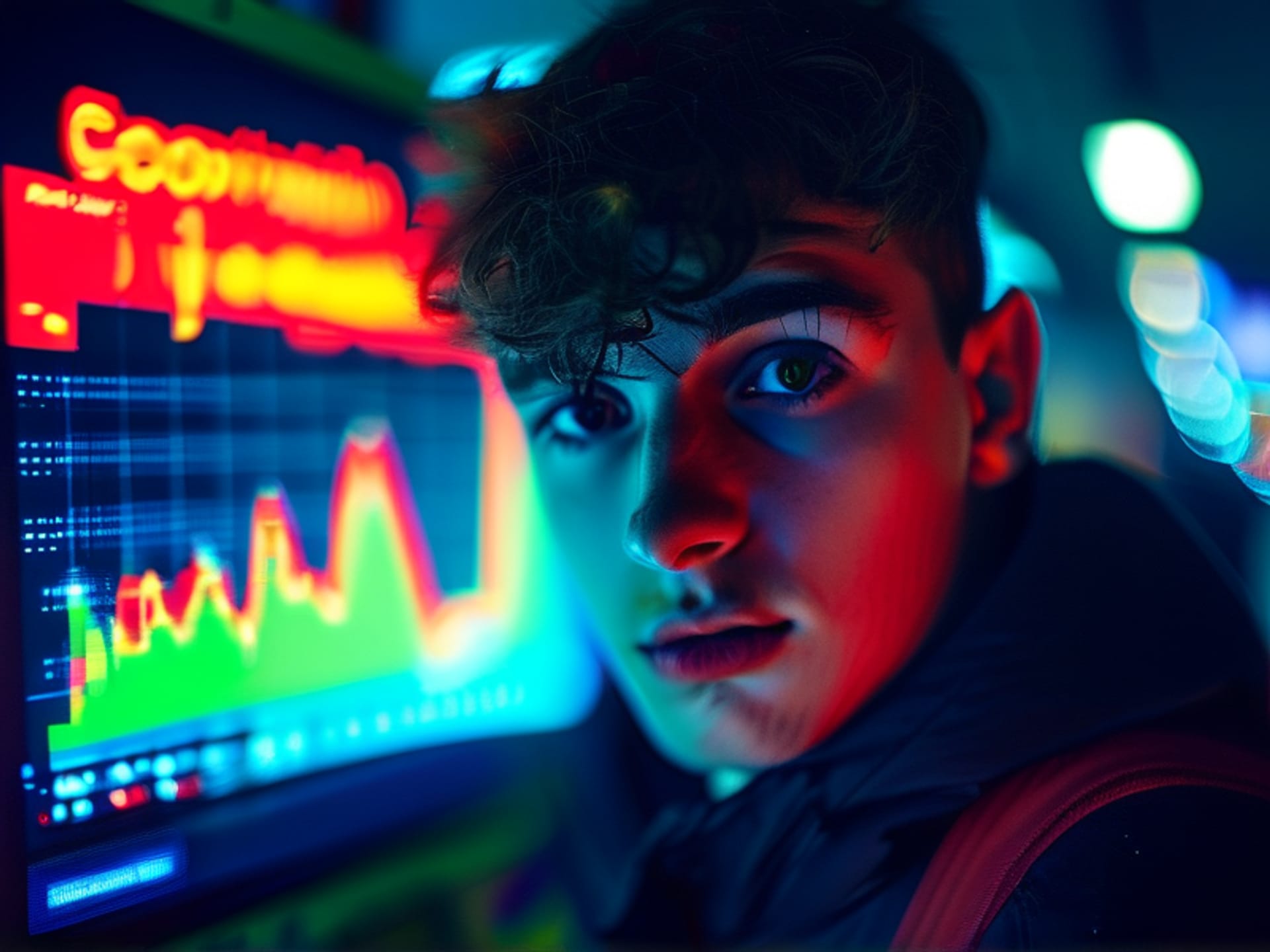 Photorealistic portrait of a twenty-something person with a stressed expression, their face illuminated by the harsh blue light of a budgeting app on their phone, showing a chaotic graph of peaks and valleys. Digital noise and faint, ghostly pop-up notifications float in the background, cinematic, shallow depth of field, shot on ARRI Alexa.