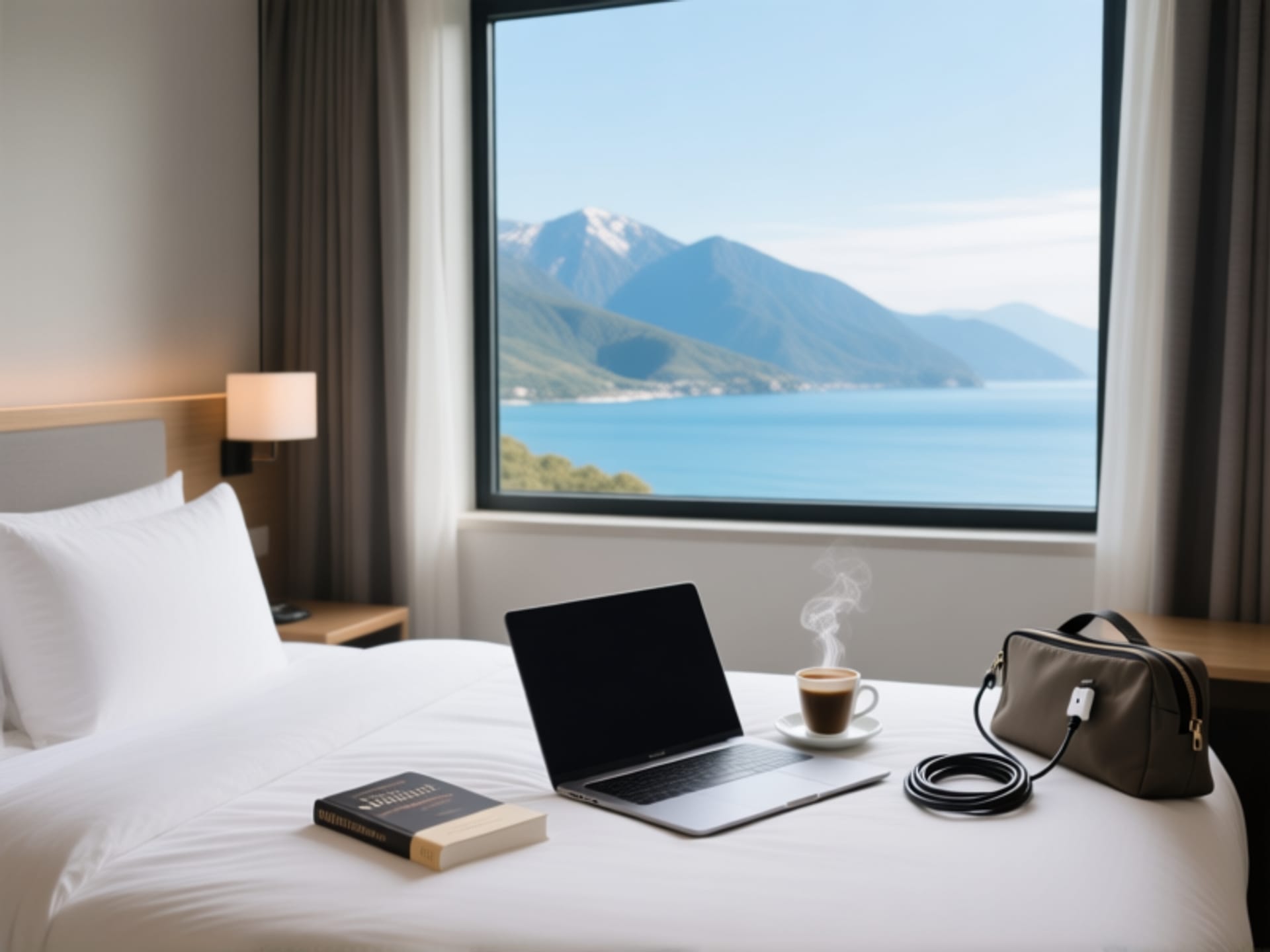 Minimalist, symbolic image.
A stylish hotel room with a breathtaking view of mountains or ocean from a large window. On a beautifully made bed, next to a paperback book and a steaming cup of coffee, sits a laptop. It is not open. It is not plugged in. The power cord is neatly coiled and tucked away in a bag. The focus is on the laptop's stillness, framed by the vibrant life outside the window. Composition is clean and intentional, emphasizing choice.