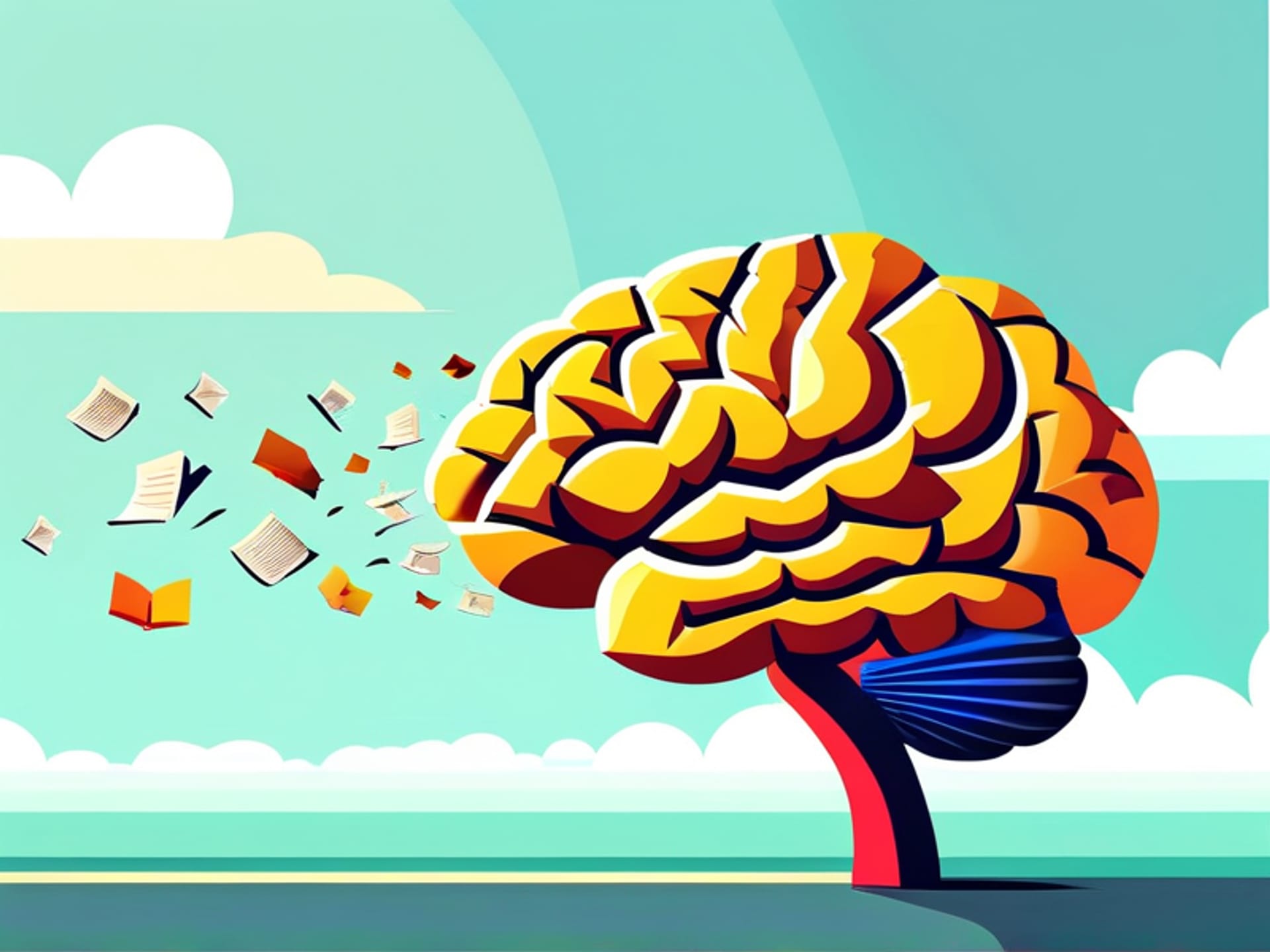 [Digital illustration of a brain made from folded paper. Out of the brain, small icons representing books, documents, and PDF files are flying out into a serene, minimalist background. Concept art, soft colors, vector style, clean lines.]
