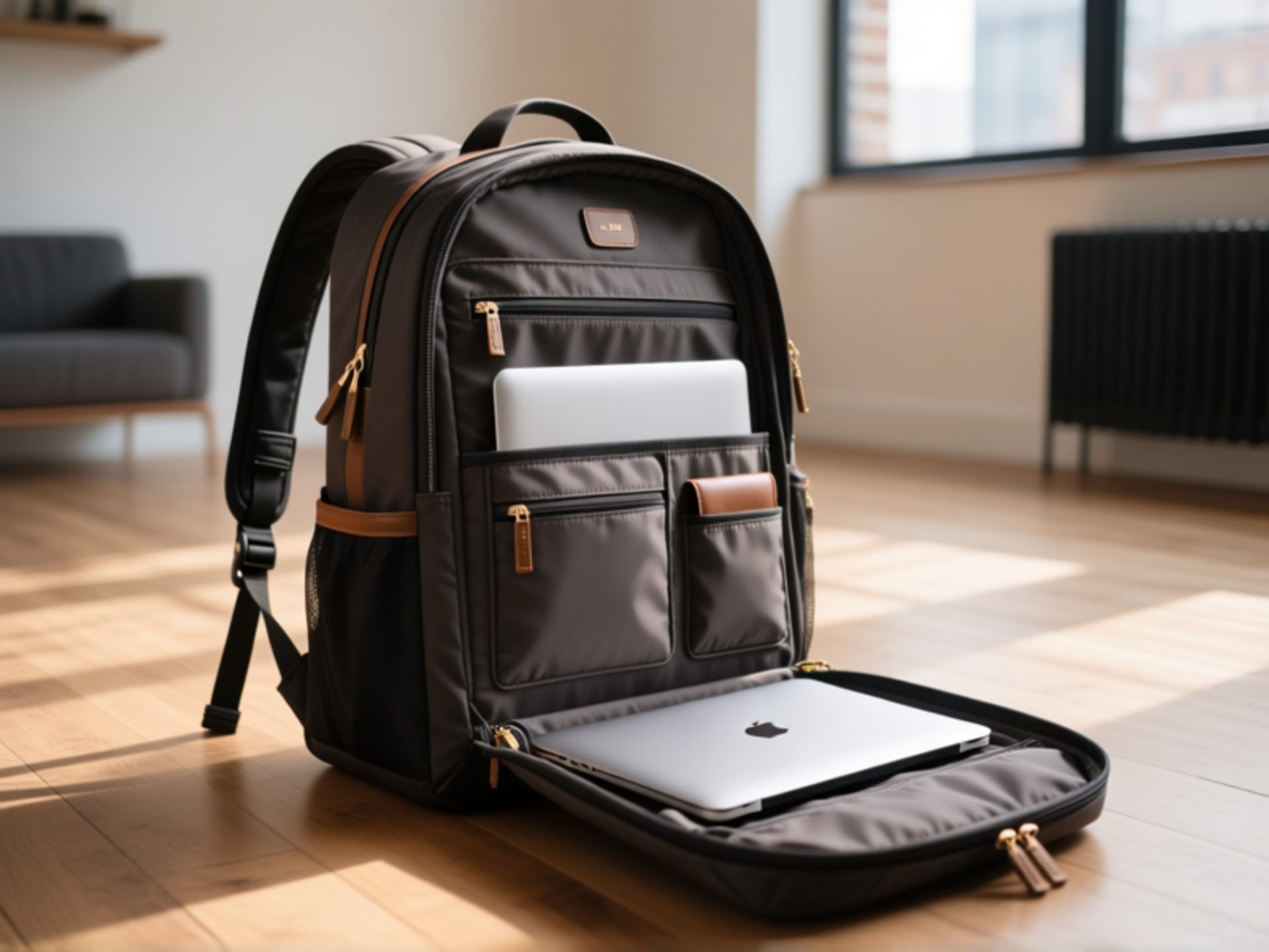 Midjourney Prompt: Close-up of a high-end travel backpack, open, pockets and compartments visible. Laptop sleeve, organizational panels. On a minimalist wooden floor in a sunlit loft room. Hyper-detailed, professional product photography style.