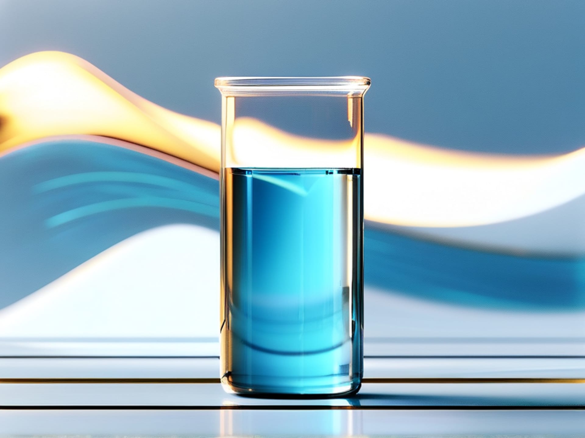 MINIMALIST 3D RENDER. A clean, transparent cylinder or beaker being filled with a glowing blue liquid. The liquid level has a clear, steady line near the bottom labeled 'Survival Floor'. Above it, fluctuating waves of golden liquid represent 'Variable Income'. Style: sleek, tech-infographic, glass and light. --ar 4:3