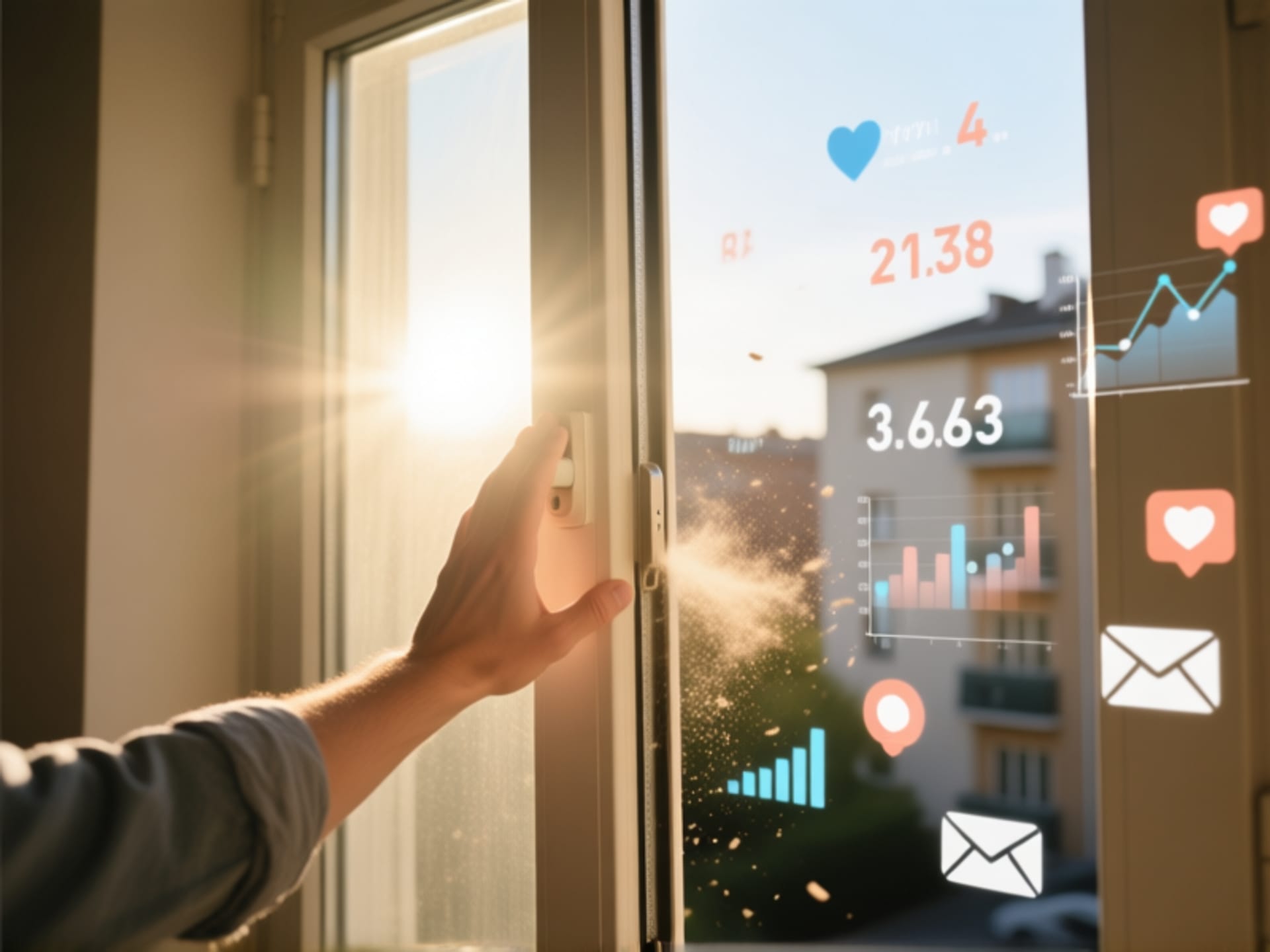 AI Image Prompt: Gorgeous slow-motion shot of a real person's hand, pushing open a physical apartment window. Sunlight and clean air pour in, blowing away digital representations of numbers (like follower counts, graphs), notifications, and email icons like dust. Cinematic, peaceful, sense of immense relief. Natural lighting, warm tones, inspired by a lifestyle commercial shot on a Arri Alexa camera.