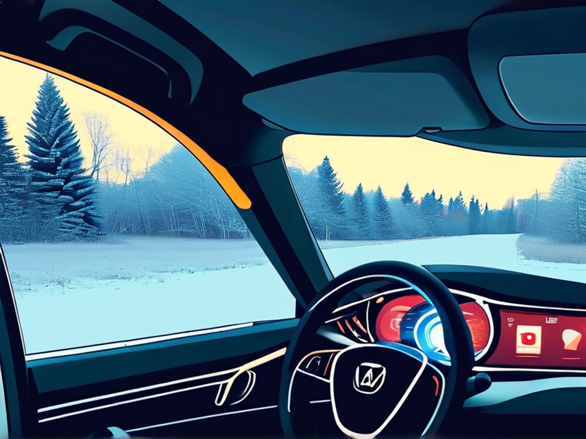 A driver's view from inside a warm, cozy EV cabin. The windshield looks out onto a frosted-over driveway in early morning light. In the foreground, a smartphone screen shows a vehicle app with a big