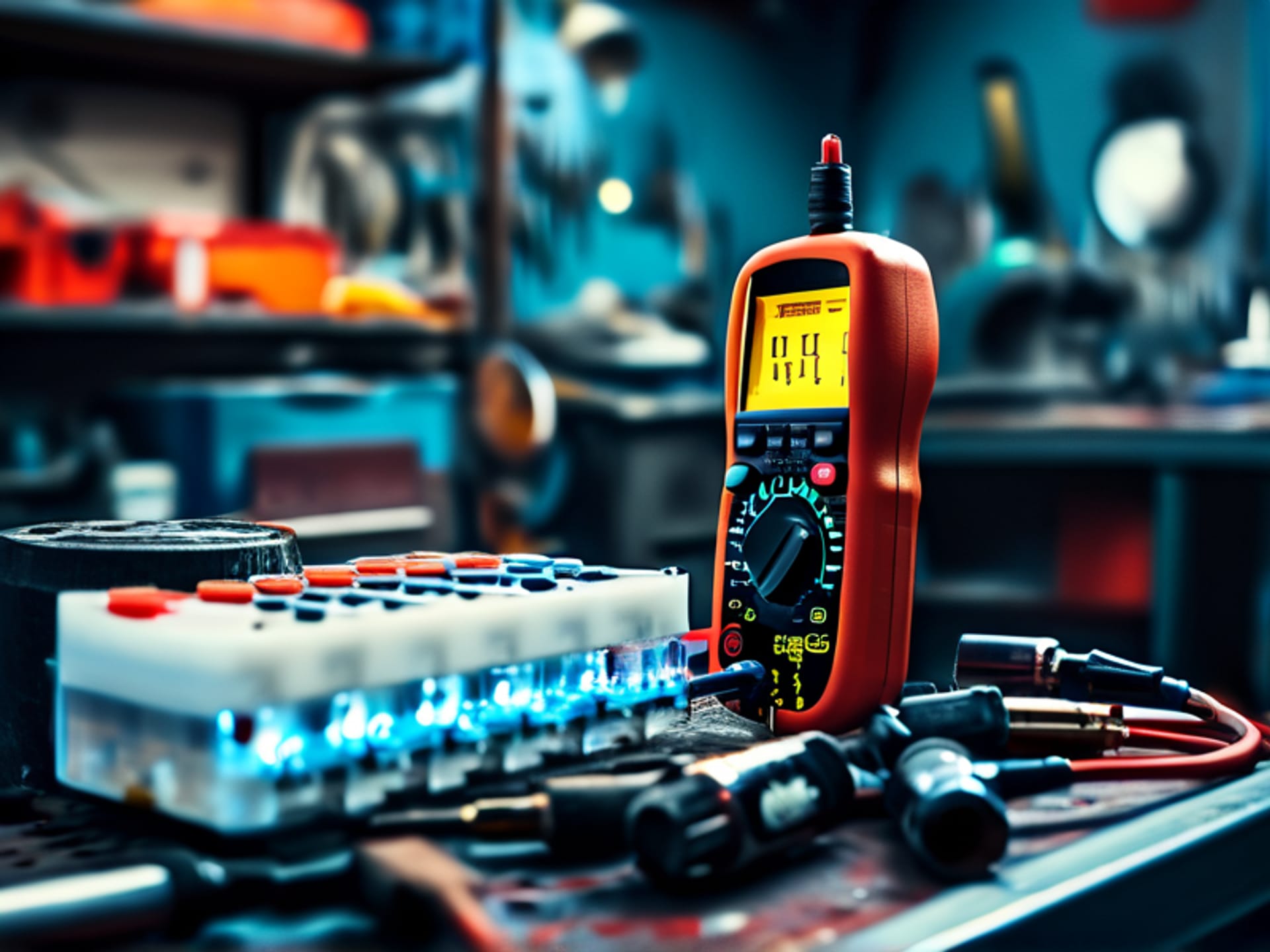 Midjourney Prompt: Professional shot inside an auto shop, a mechanic using a digital multimeter on a car battery terminal. The negative terminal shows a faint blue crust of corrosion. Cinematic lighting, focus on the spark and the tool, moody atmosphere --ar 16:9