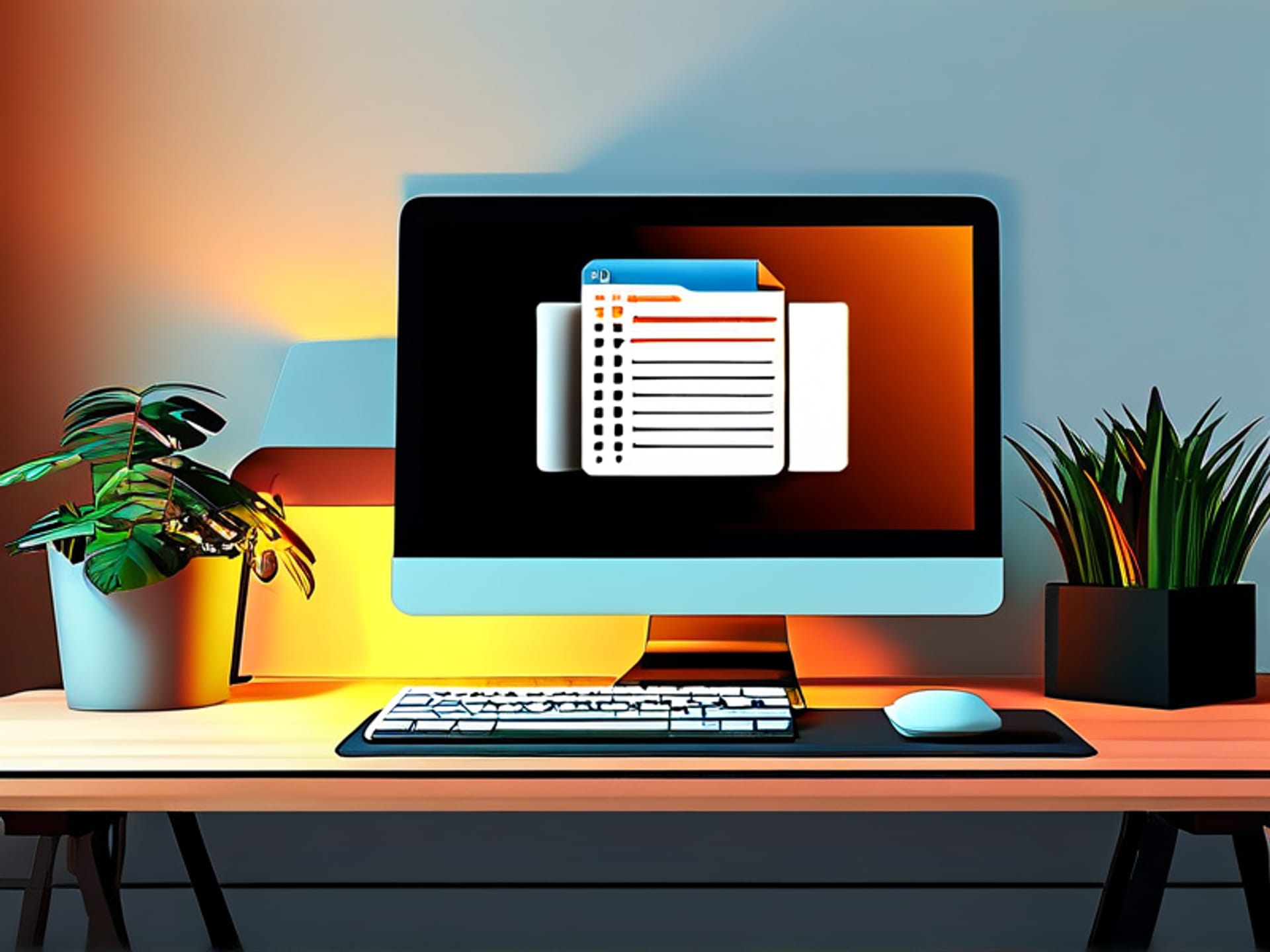 A clean, minimalist desk setup with a large monitor displaying a simple spreadsheet. Column headers: Rent, Software, Savings, Taxes. A warm desk lamp is the only light source. Isometric 3D illustration, clear and organized. --ar 16:9